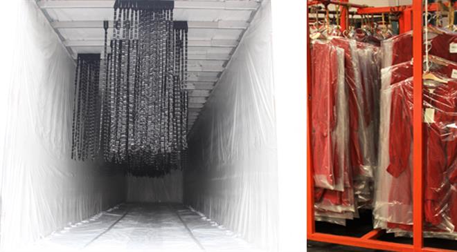 How many racks can a container fit? How many garments in each rack are hung?