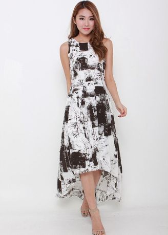 Teri Mono Abstract Train Dress