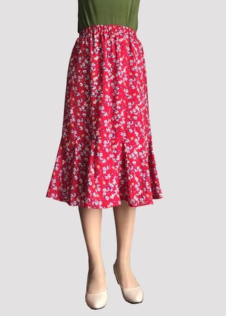 Print Flowers Red Midi Skirts