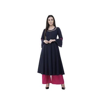 Stitched Embroidered Blue Cotton Anarkali Kurtis