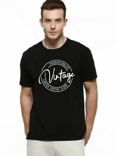 Men's Cotton Half Sleeves Round Neck Printed Black T-Shirt