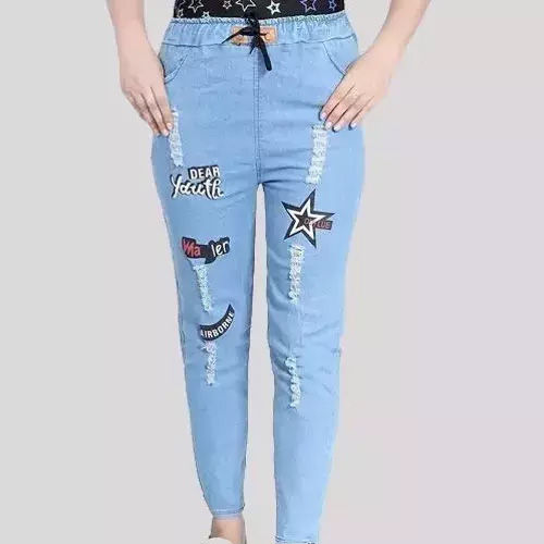 Baby Jeans Girls Spring Summer Wear Pearl Blue Elastic Waist Denim Trousers  Children Long Pants Beaded Jeans For Girls 412Y