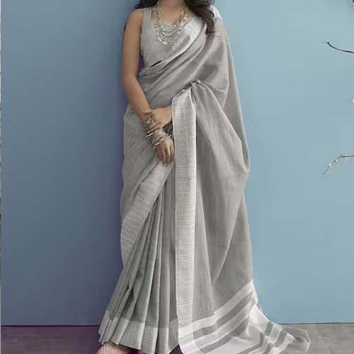 Women Solid Linen Saree