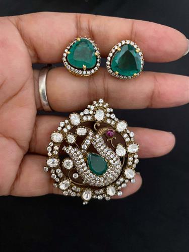 Victorian Polki And Faux Emerald Pendant Earring Set With Peacock Motif