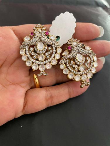 Victorian Polki Chand Bali Earring With Peacock Motif