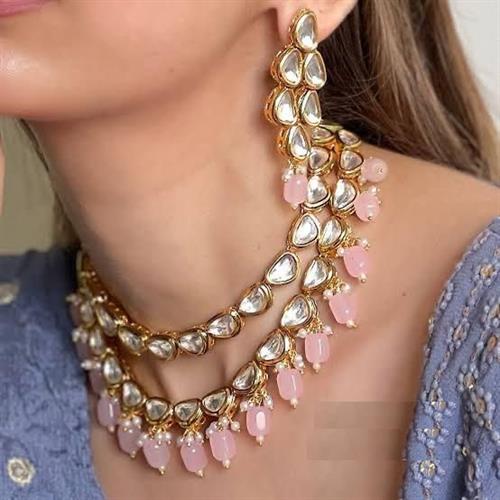 Elegant Double Line Pink Beaded Gold Plated Necklace