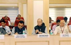 Union finance minister Arun Jaitley chairing the 22nd meeting of the GST Council. He is flanked by MoS for finance Shiv Pratap Shukla (right) and Hasmukh Adhia. Courtesy: PIB