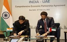 India’s Minister for Commerce & Industry Piyush Goyal (left) and the Minister of Economy of UAE, Abdulla bin Touq Al Marri signing the India-UAE CEPA in New Delhi on February 18, 2022. Pic: PIB