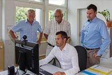 Left to right: Leo Kuster, former Head of Engineering; Walter Wirz, former CEO, Mario Kuster, Head of R&D; Andreas Wirz, CEO (sitting). Pic: Crealet