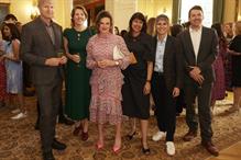(L-R) Dax Lovegrove, Jimmy Choo; Judith Rosser-Davies, UKFT; Lynda Petherick, Accenture; Shailja Dubé, BFC, Esra Kasapoglu and Tom Fiddian, Innovate UK at the Downing Street reception. Pic: BFC
