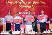 Santosh Kumar Sarang, textile secretary Upendra Prasad Singh, union minister Piyush Giyal, and DPIIT secretary Anurag Jain at the ODOP Gift Catalogue event. Pic: PIB