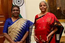 India’s minister for finance and corporate affairs Nirmala Sitharaman presenting the Union Budget 2023-24 to President Droupadi Murmu at Rashtrapati Bhavan, in New Delhi on February 01, 2023. Pic: PIB