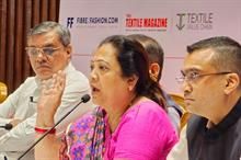 India’s MoS for textiles Darshana Jardosh addressing GCCI’s Textile Leadership Conclave 2023 in Ahmedabad on April 8. Pic: Darshana Jardosh/Twitter 