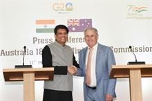 Minister for commerce and industry Piyush Goyal (left) at the India-Australia 18th Joint Ministerial Commission with Australia’s minister for trade and tourism Don Farrell (right). Pic: PIB