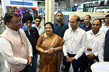 India's minister of state for textiles Darshana Jardosh (C) visited the ColorJet booth at Gartex 2023. Pic: ColorJet 