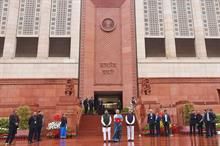 Nirmala Sitharaman with ministers of state for finance Pankaj Chaudhary and Dr Bhagwat Kishanrao Karad at the Parliament House. Pic: PIB