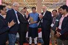 Minister of Textiles Piyush Goyal (in Nehru jacket) at CMAI's 'Brands of India' pavilion at Bharat Tex 2024. Pic: CMAI