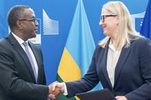 Rwandan minister for foreign affairs Vincent Biruta (L) and EU’s commissioner for international partnerships Jutta Urpilainen at the MoU signing ceremony. Pic: Jutta Urpilainen / X (formerly Twitter)