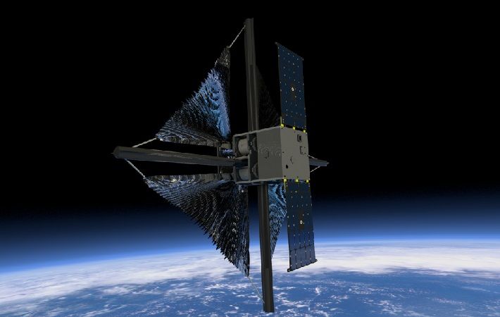 Illustration showing the solar sail beginning to unfurl after deployment of the spacecraft Illustration showing the solar sail beginning to unfurl after deployment of the spacecraft