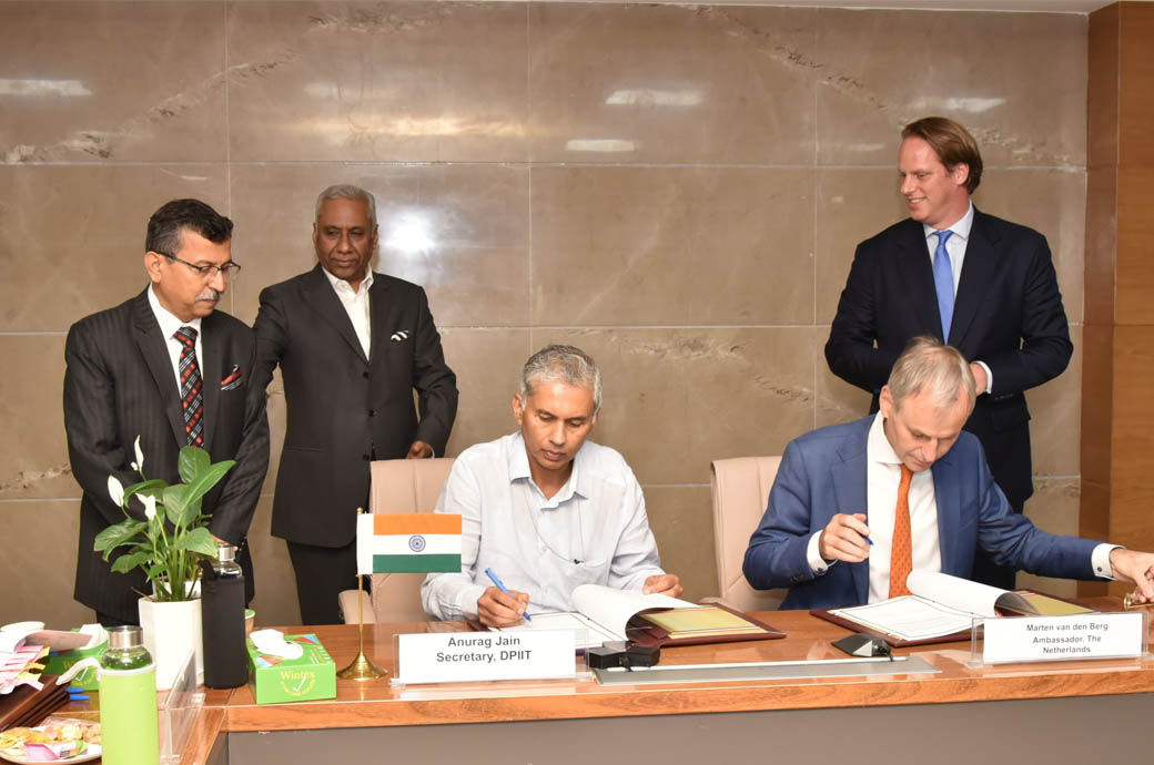 Ambassador of Netherlands to India Marten van den Berg and secretary, DPIIT, Anurag Jain, formally signed and exchanged the joint statement.Pic: DPIIT India/Twitter