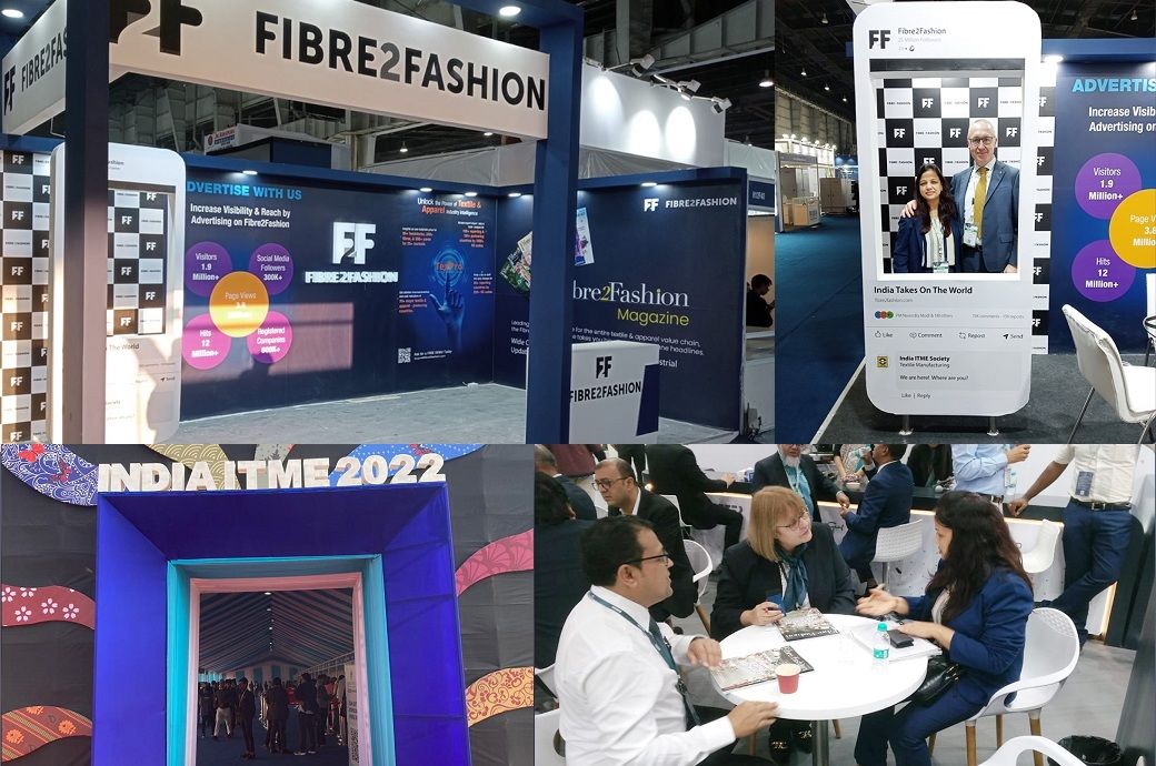 (Top left) Fibre2Fashion booth; (top right and bottom right) F2F representative with industry stakeholders; (bottom left) India ITME 2022 event. Pic: Fibre2Fashion