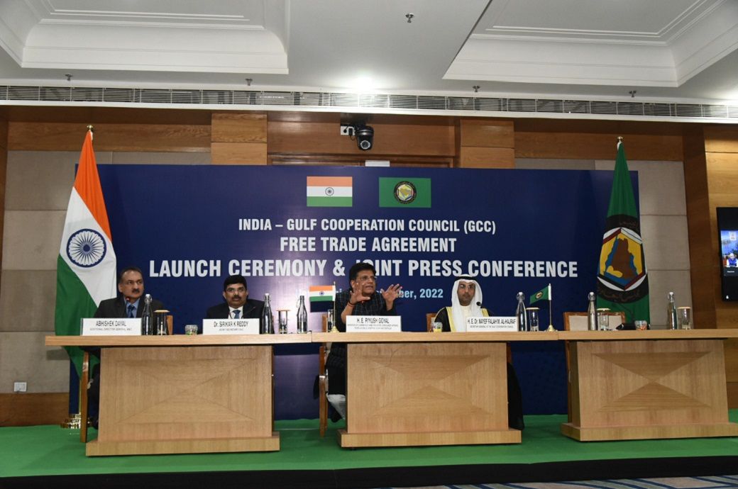 Union minister for commerce & industry, consumer affairs, and textiles, Piyush Goyal addressing at the India-GCC free trade agreement launch ceremony & joint press conference. Pic: PIB
