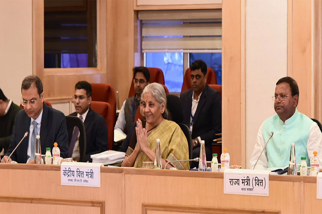 Minister for finance and corporate affairs Nirmala Sitharaman (centre) at 49th GST Council meeting in New Delhi. Pic: @FinMinIndia/Twitter