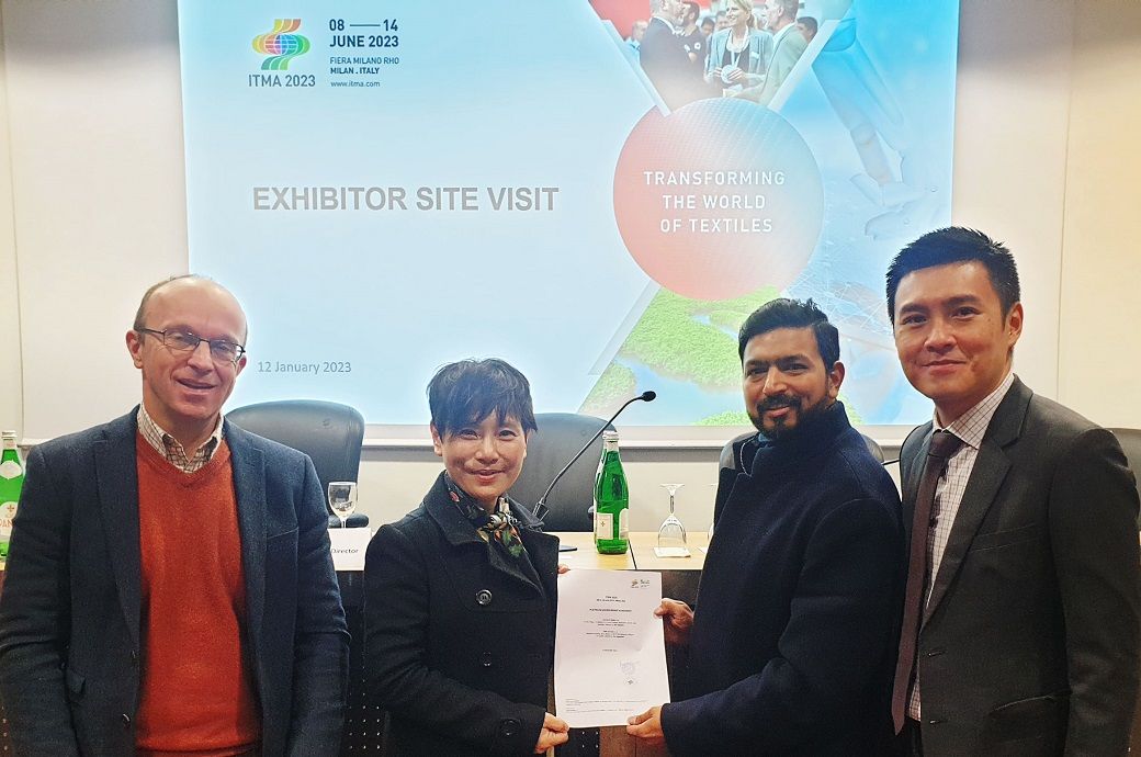 Jeroen Vits, managing director at ITMA Services; Eileen Ng, deputy project director, ITMA 2023; Smarth Bansal, GM, ColorJet; and Andrew Lin, assistant director, ITMA Services. Pic: ColorJet/ ITMA
