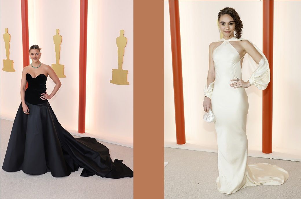 Chloe East (L) in a custom Monique Lhuillier gown and Bailey Bass in a Zac Posen ethereal couture piece at the Oscars. Pic: RCGD Global