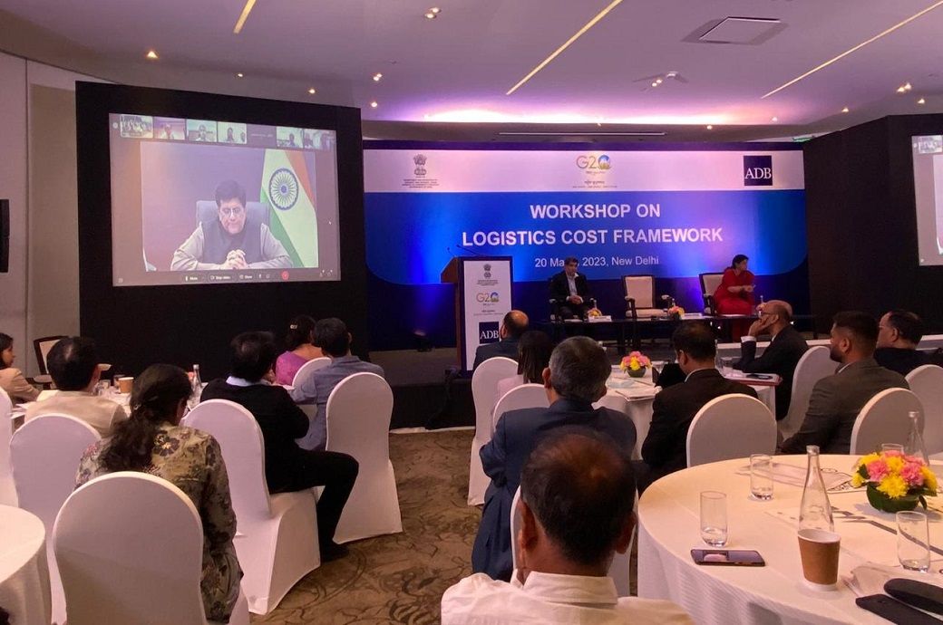 Union minister Piyush Goyal addressing the Logistics Cost Framework workshop in New Delhi. Pic: Twitter/@Logistics_MoCIGOV