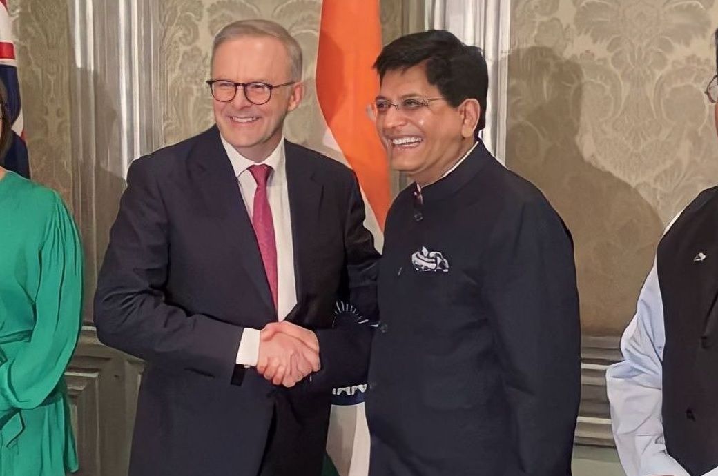 Australian PM Anthony Albanese (L) and Indian minister Piyush Goyal at the India-Australia CEO Forum. Pic: Twitter/@PiyushGoyal