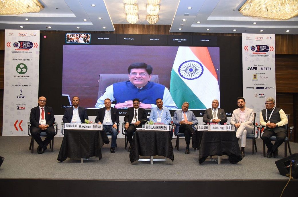 Union minister Piyush Goyal addressing audiences via video conference at the Global Textiles Conclave (GTC) held in Jaipur, India. Pic: CITI