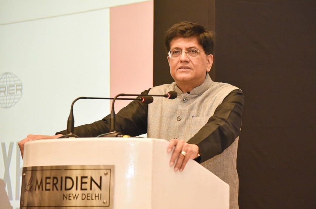 Indian minister of textile Piyush Goyal speaking at ICRIER