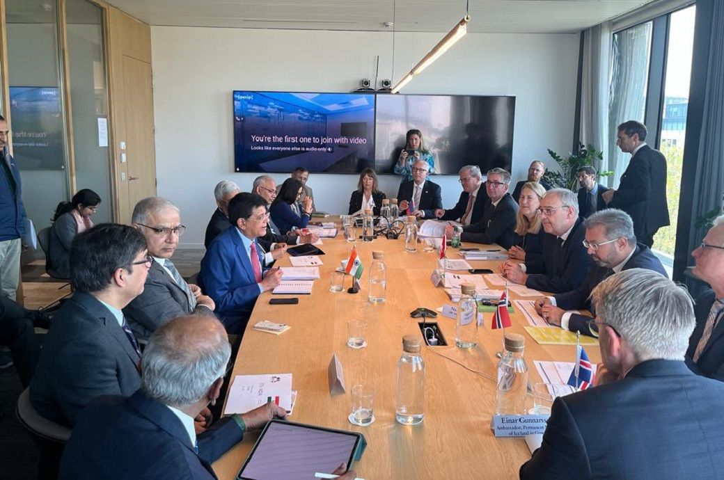 Indian minister Piyush Goyal (centre on the left) with the European Free Trade Association ministerial delegation led by Swiss federal councillor Guy Parmelin in Brussels. Pic: Twitter | Piyush Goyal