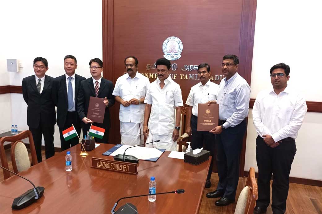 Tamil Nadu CM MK Stalin with representatives from Pou Chen and Tamil Nadu government. Pic: Guidance Tamil Nadu/Twitter