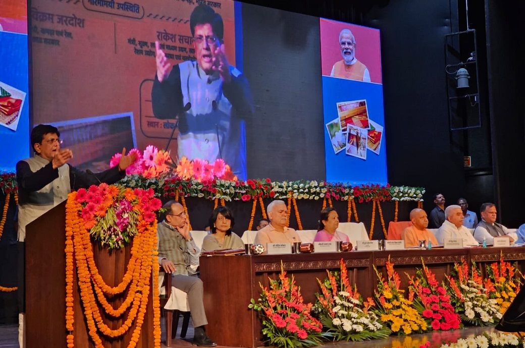 Indian textile minister Piyush Goyal at MoU signing ceremony in Lucknow. Pic: Piyush Goyal/Twitter 