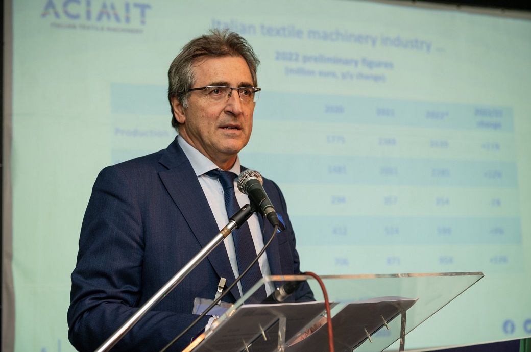 ACIMIT president Alessandro Zucchi at the ITMA 2023 press conference. Pic: ACIMIT