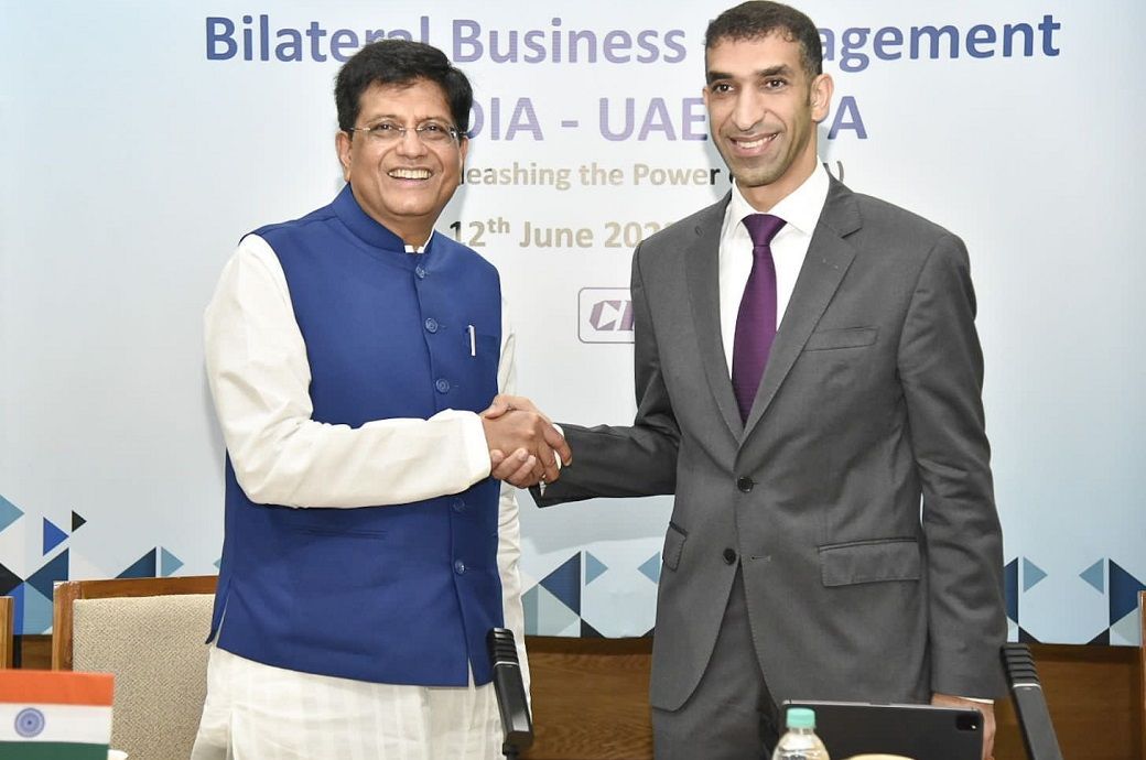 Piyush Goyal, Union minister of commerce and industry and textiles (left), and Thani bin Ahmed Al Zeyoudi, minister of state for foreign trade of the UAE (right). Pic: Piyush Goyal / Twitter