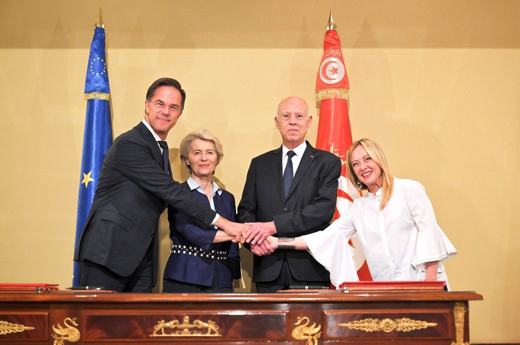 (Left-right) Mark Rutte, Ursula von der Leyen, Kaïs Saïed, and Giorgia Meloni. Pic: European Commission