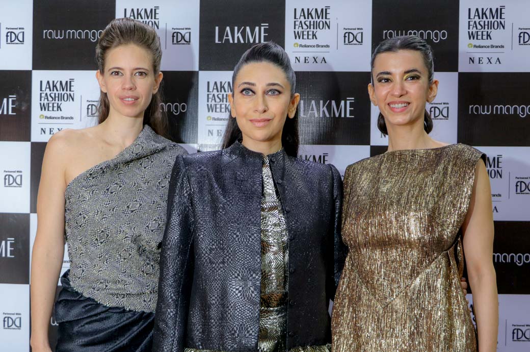 (L-R) Kalki Koechlin, Karisma Kapoor & Saba Azad. Pic: Lakme Fashion Week