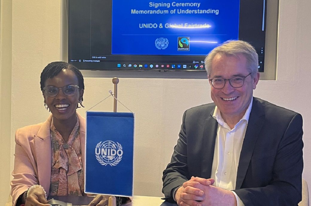 Global CEO of Fairtrade International Sandra Uwera Murasa (left) & Managing director of UNIDO Gunther Beger (right) at the signing ceremony. Pic: Fairtrade International