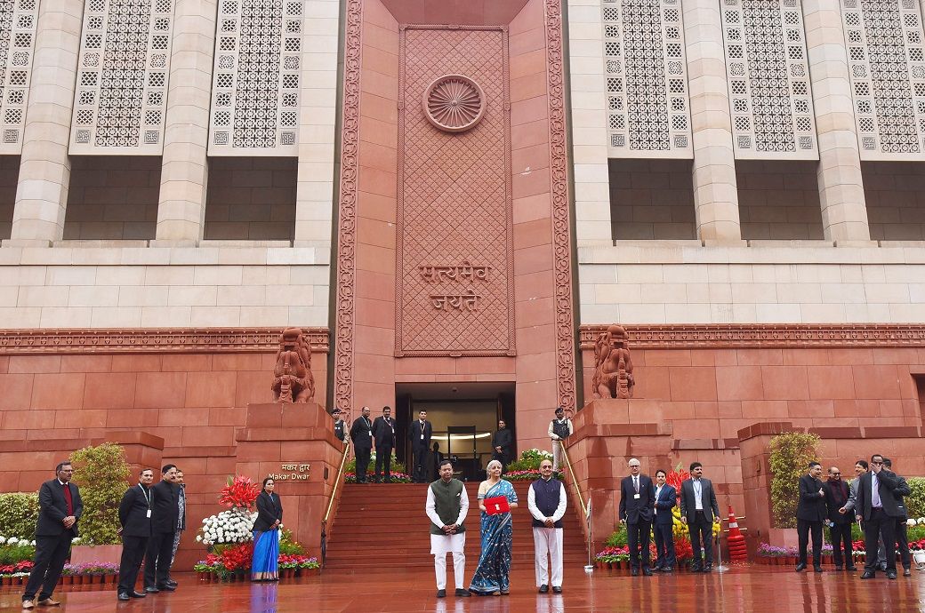 Nirmala Sitharaman with ministers of state for finance Pankaj Chaudhary and Dr Bhagwat Kishanrao Karad at the Parliament House. Pic: PIB