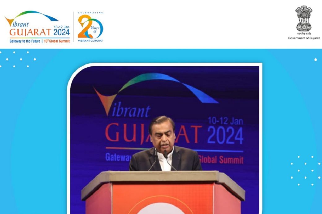 Mukesh Ambani, chairman and managing director of Reliance Industries Limited, at Vibrant Gujarat Summit 2024. Pic: @VibrantGujarat/X (formerly Twitter)