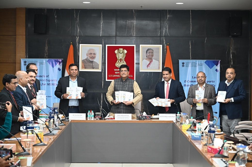 Commerce and industry minister Piyush Goyal (centre) at the launch of the E-Commerce Exports Handbook for MSMEs. Pic: @PiyushGoyal/X (formerly Twitter)
