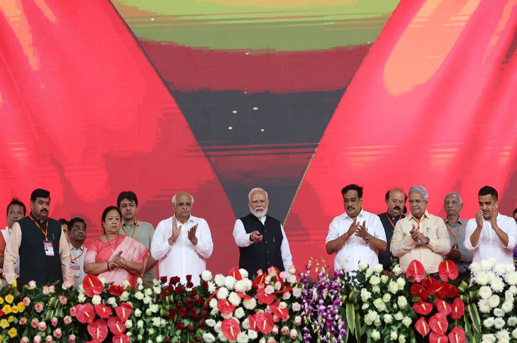 Caption: Prime Minister Narendra Modi dedicating to the nation and laying the foundation stone of multiple development projects at Navsari, in Gujarat on February 22, 2024. Pic: PIB