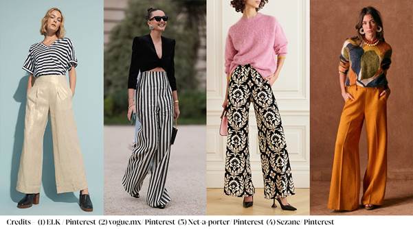 A collage of women wearing wide leg pantsDescription automatically generated