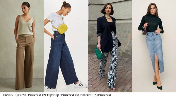 A collage of women wearing wide leg jeansDescription automatically generated