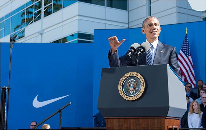 President Obama speaking at Nike headquarters/C: Nike