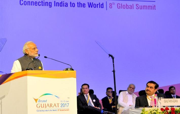 Prime Minister Narendra Modi addressing at the Vibrant Gujarat Global Summit 2017 in Gandhinagar, Gujarat. Courtesy: PIB