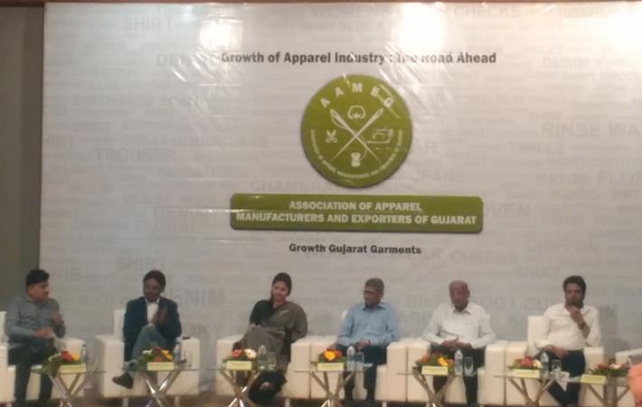(left to right) Hitesh Ruparelia, Gautam Kotaramju, Meena Kavya, Rohit Patel, Bipin Patel and Bhoj Raj Nawani at the inaugural function of Association of Apparel Manufacturers and Exporters of Gujarat